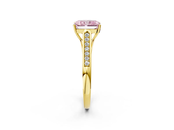 Yellow gold Fancy Pink Radiant Cut Solitaire Cathedral Diamond Engagement Ring with Channel-Set Band and Four-Prong Setting