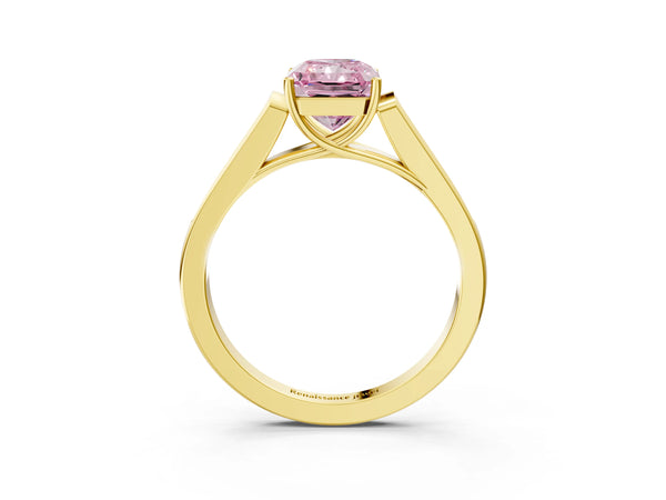 Yellow gold Fancy Pink Radiant Cut Solitaire Cathedral Diamond Engagement Ring with Channel-Set Band and Four-Prong Setting