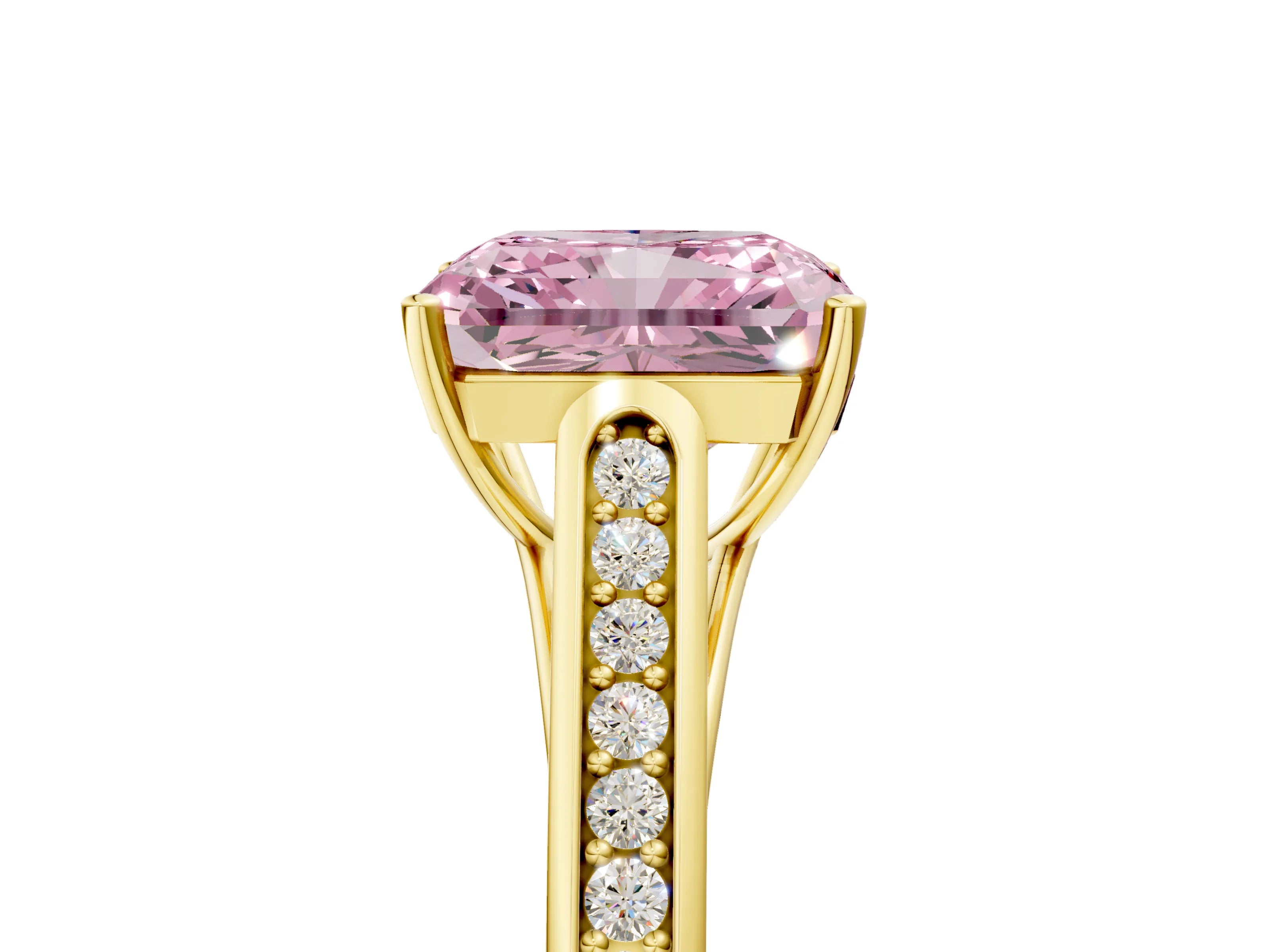 Yellow gold Fancy Pink Radiant Cut Solitaire Cathedral Diamond Engagement Ring with Channel-Set Band and Four-Prong Setting_8