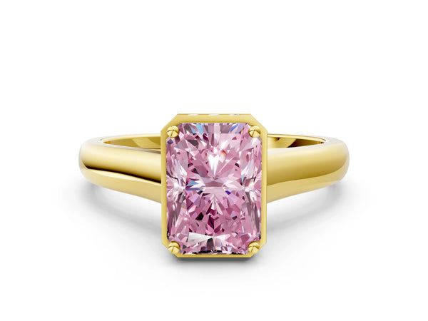 Yellow gold Fancy Pink Radiant Cut Solitaire Diamond Engagement Ring with Four-Prong Setting and Tapered Band