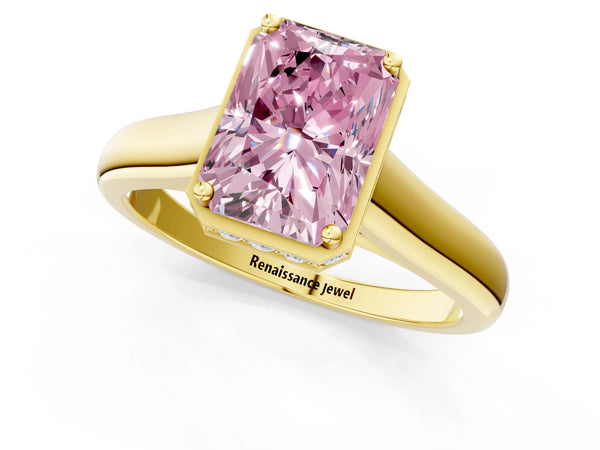 Yellow gold Fancy Pink Radiant Cut Solitaire Diamond Engagement Ring with Four-Prong Setting and Tapered Band