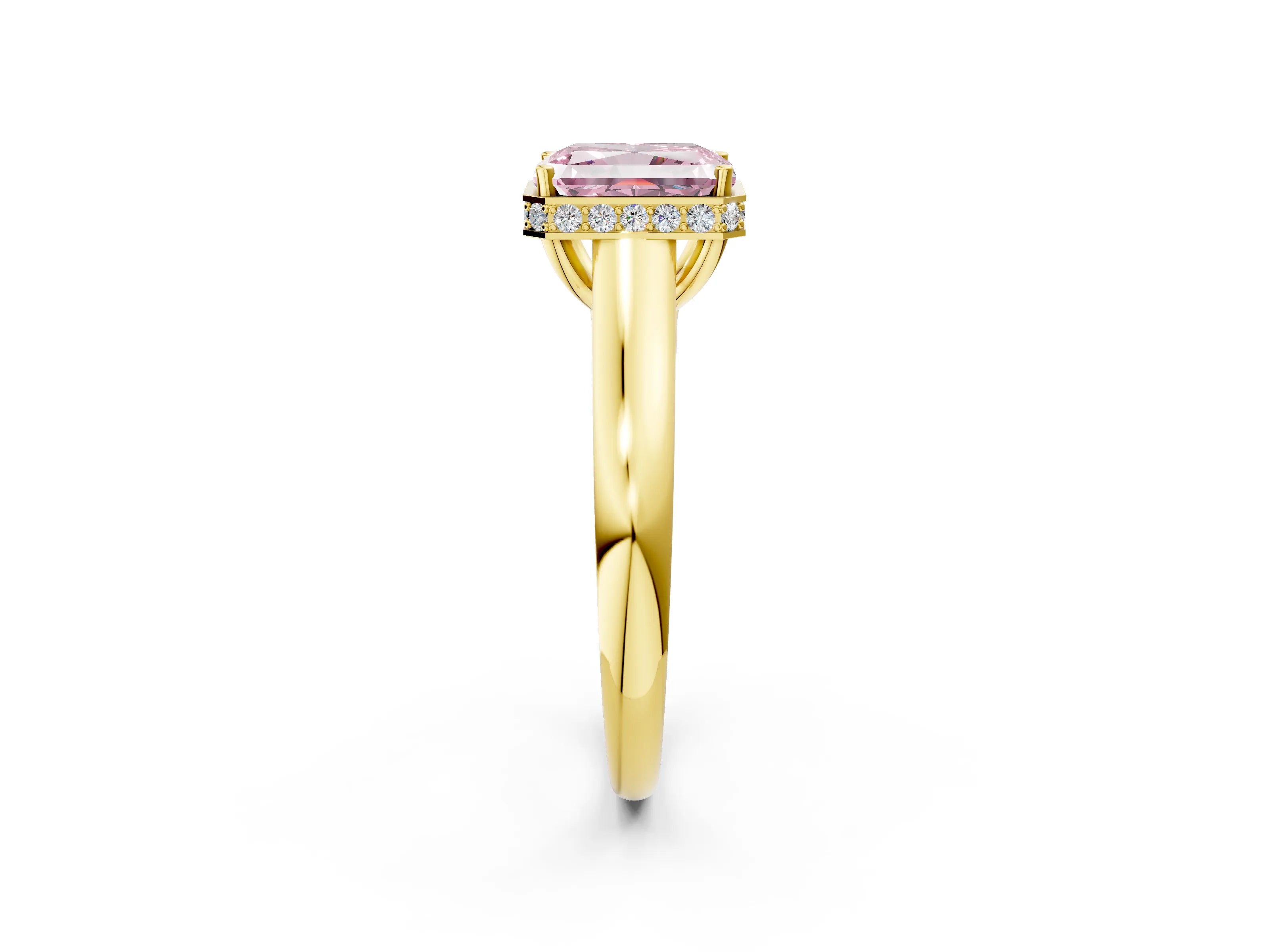 Yellow gold Fancy Pink Radiant Cut Solitaire Diamond Engagement Ring with Four-Prong Setting and Tapered Band_2