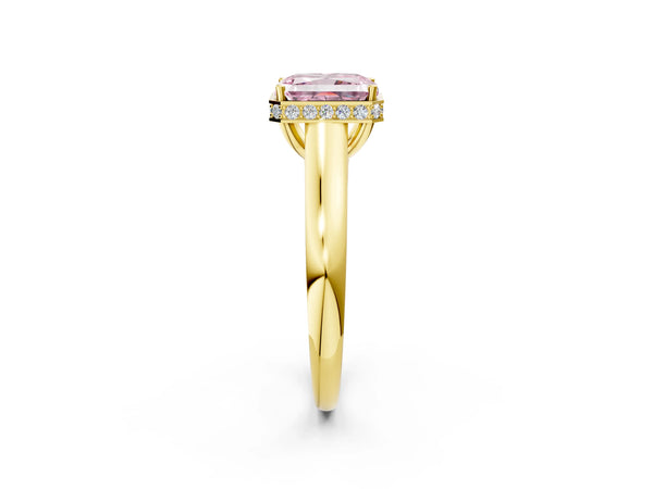 Yellow gold Fancy Pink Radiant Cut Solitaire Diamond Engagement Ring with Four-Prong Setting and Tapered Band