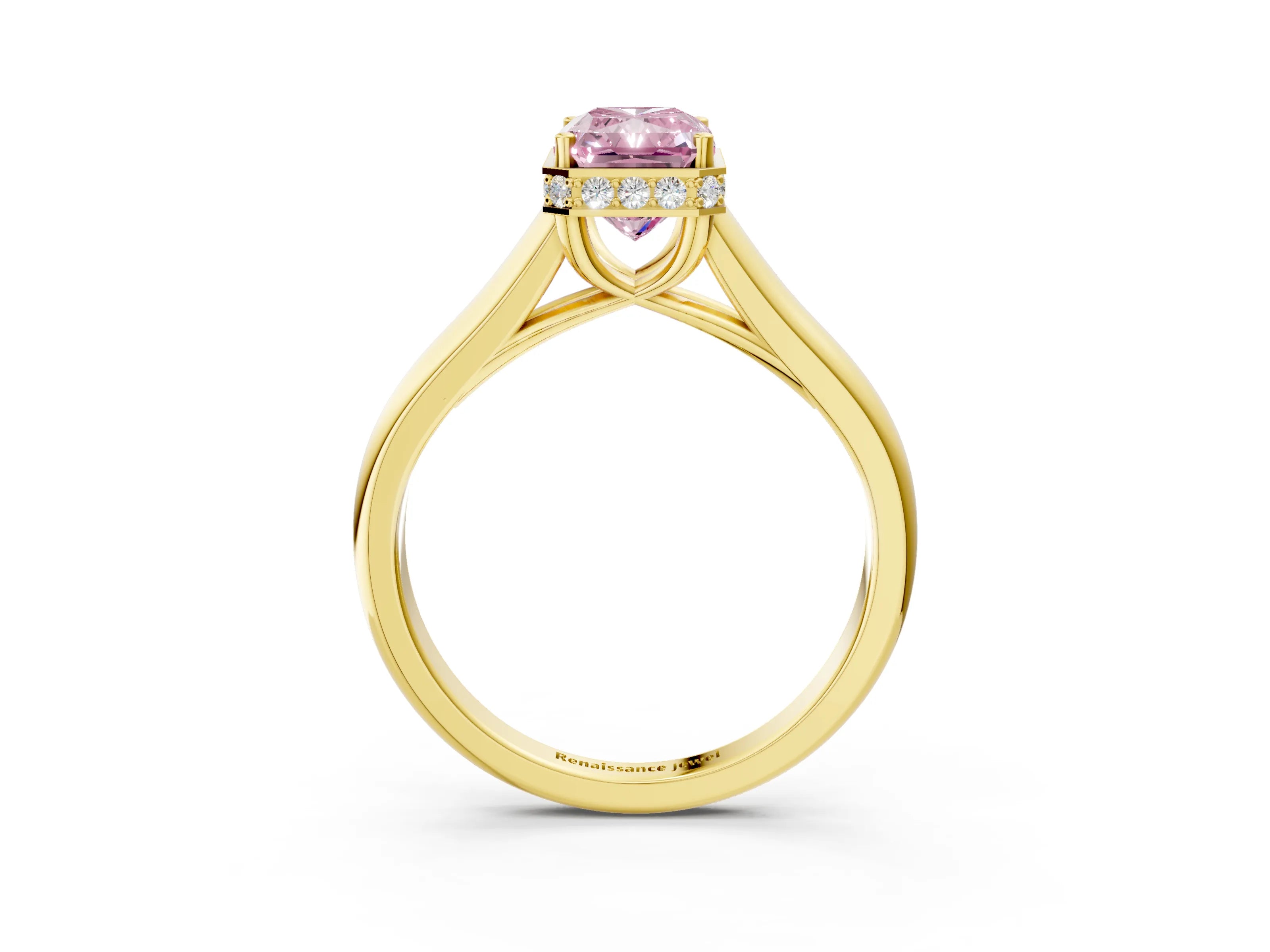 Yellow gold Fancy Pink Radiant Cut Solitaire Diamond Engagement Ring with Four-Prong Setting and Tapered Band_3
