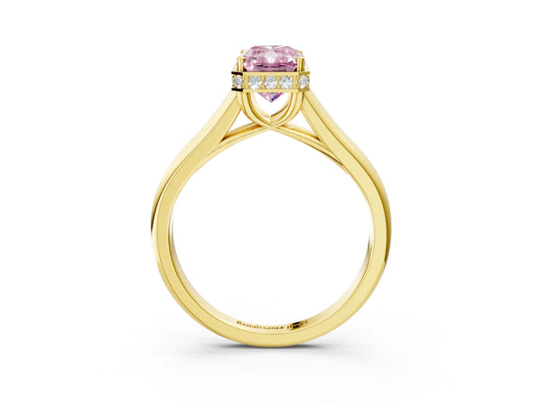 Yellow gold Fancy Pink Radiant Cut Solitaire Diamond Engagement Ring with Four-Prong Setting and Tapered Band