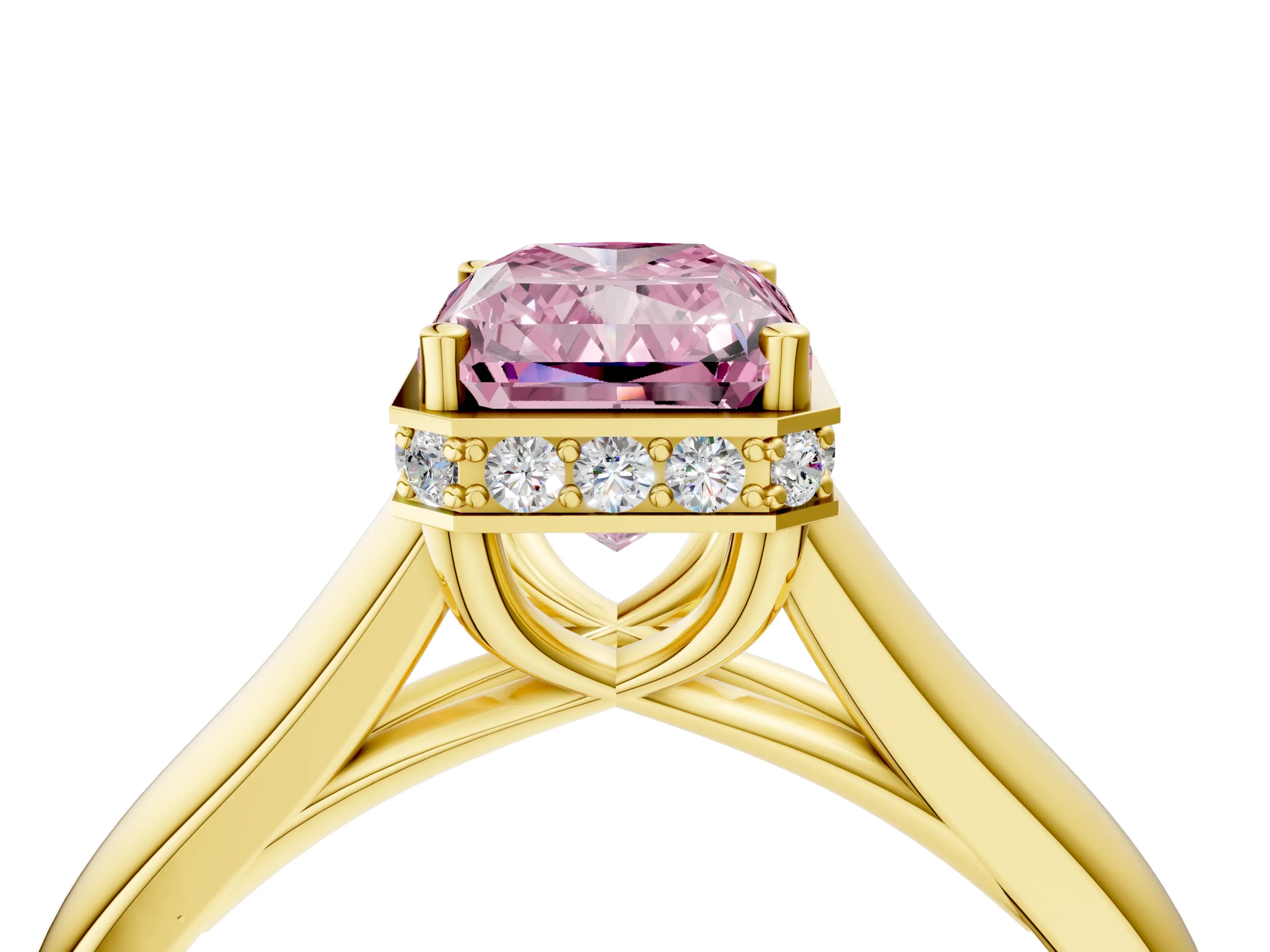 Yellow gold Fancy Pink Radiant Cut Solitaire Diamond Engagement Ring with Four-Prong Setting and Tapered Band_4
