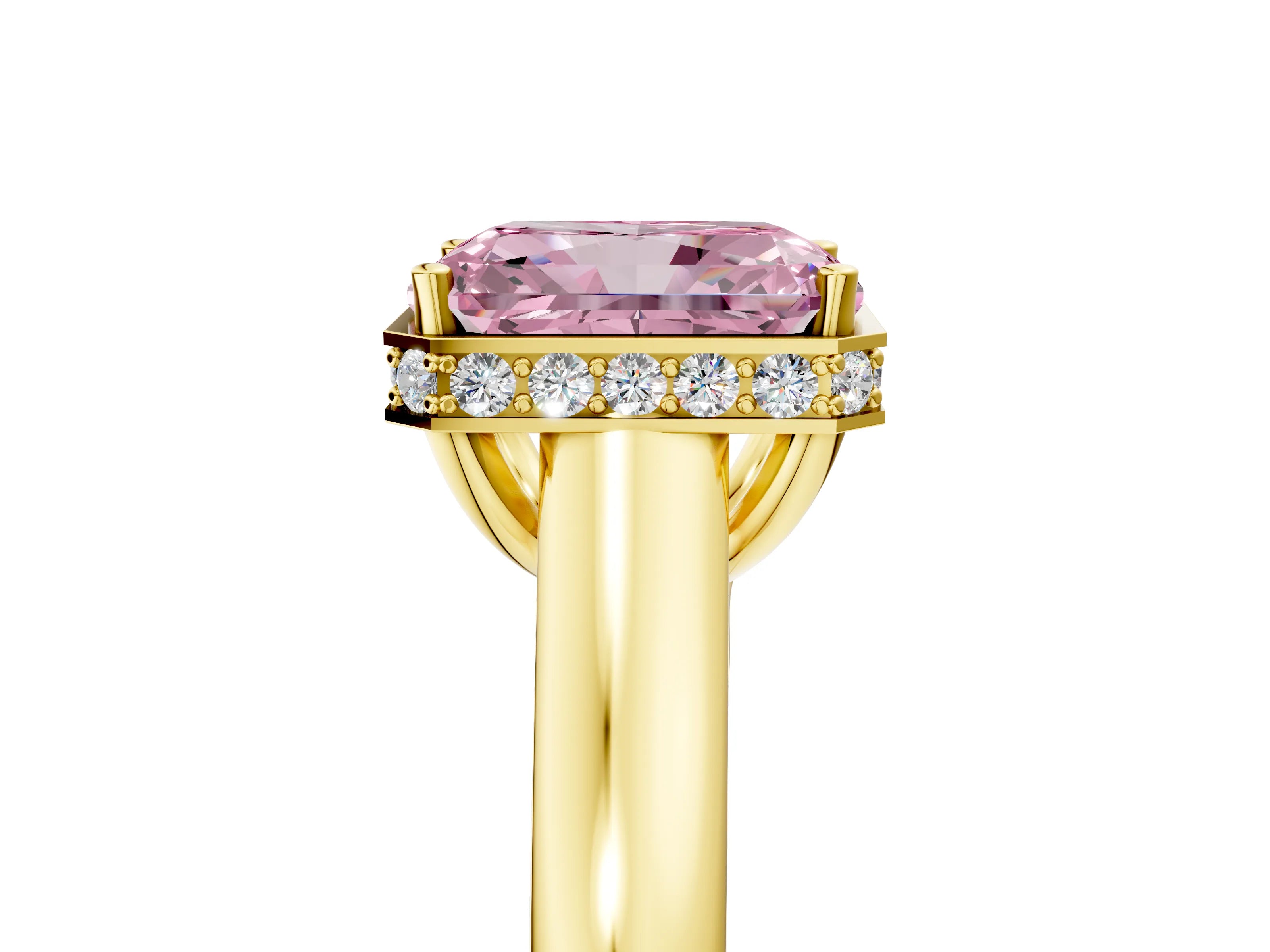 Yellow gold Fancy Pink Radiant Cut Solitaire Diamond Engagement Ring with Four-Prong Setting and Tapered Band_5