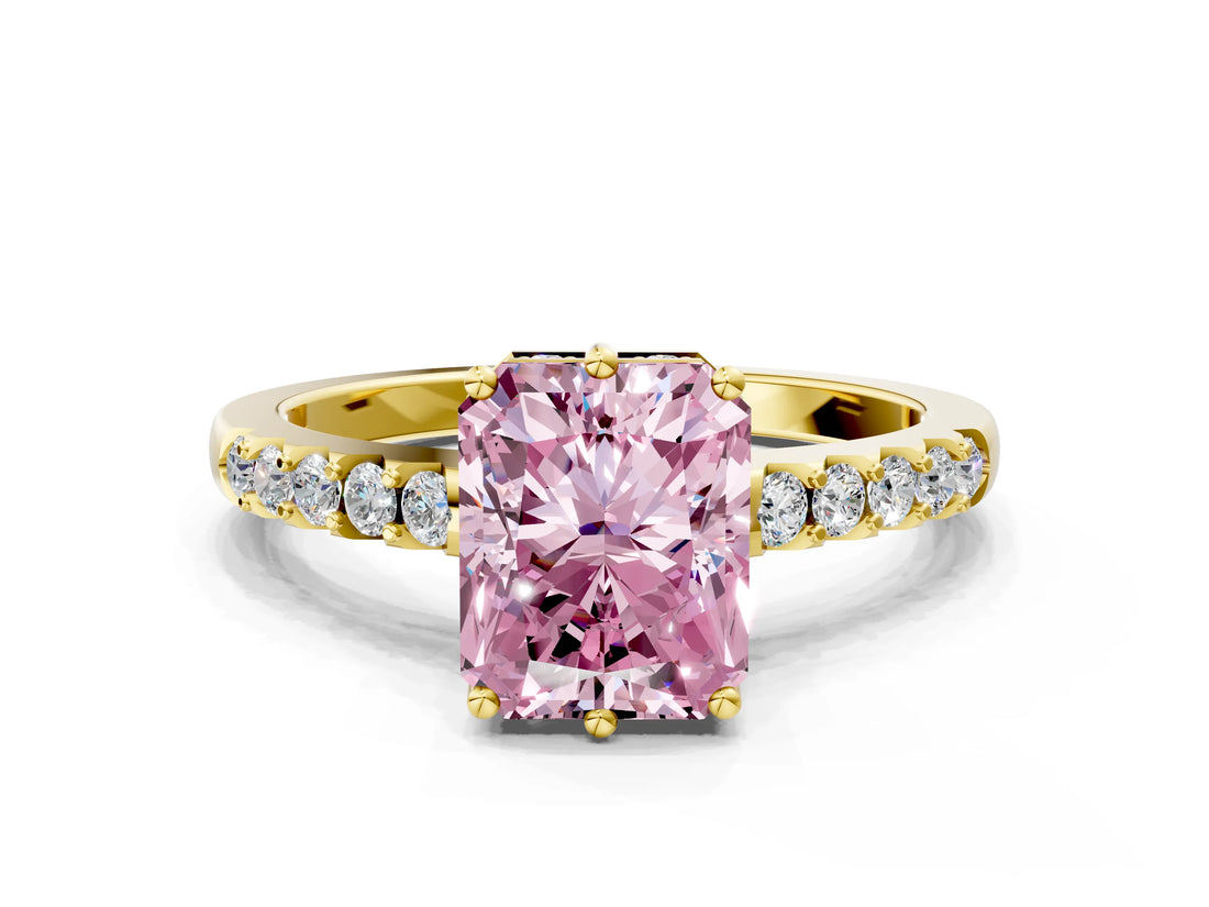 Yellow gold Fancy Pink Radiant Cut Solitaire Diamond Engagement Ring with Pavé Band and Six-Prong Setting_12