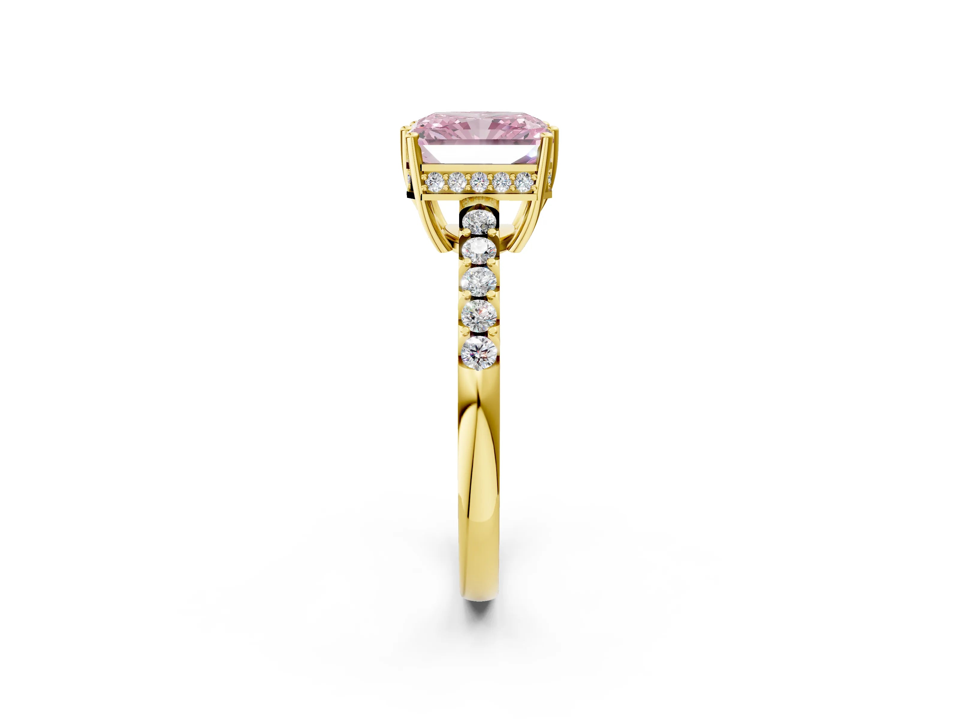 Yellow gold Fancy Pink Radiant Cut Solitaire Diamond Engagement Ring with Pavé Band and Six-Prong Setting_14