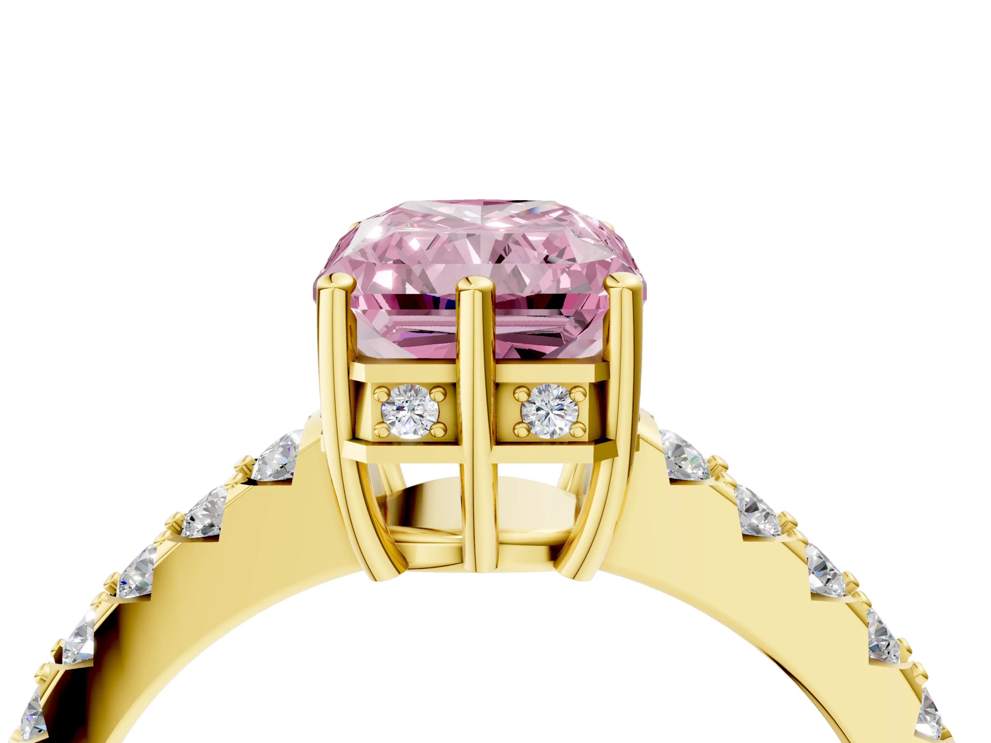 Yellow gold Fancy Pink Radiant Cut Solitaire Diamond Engagement Ring with Pavé Band and Six-Prong Setting_16