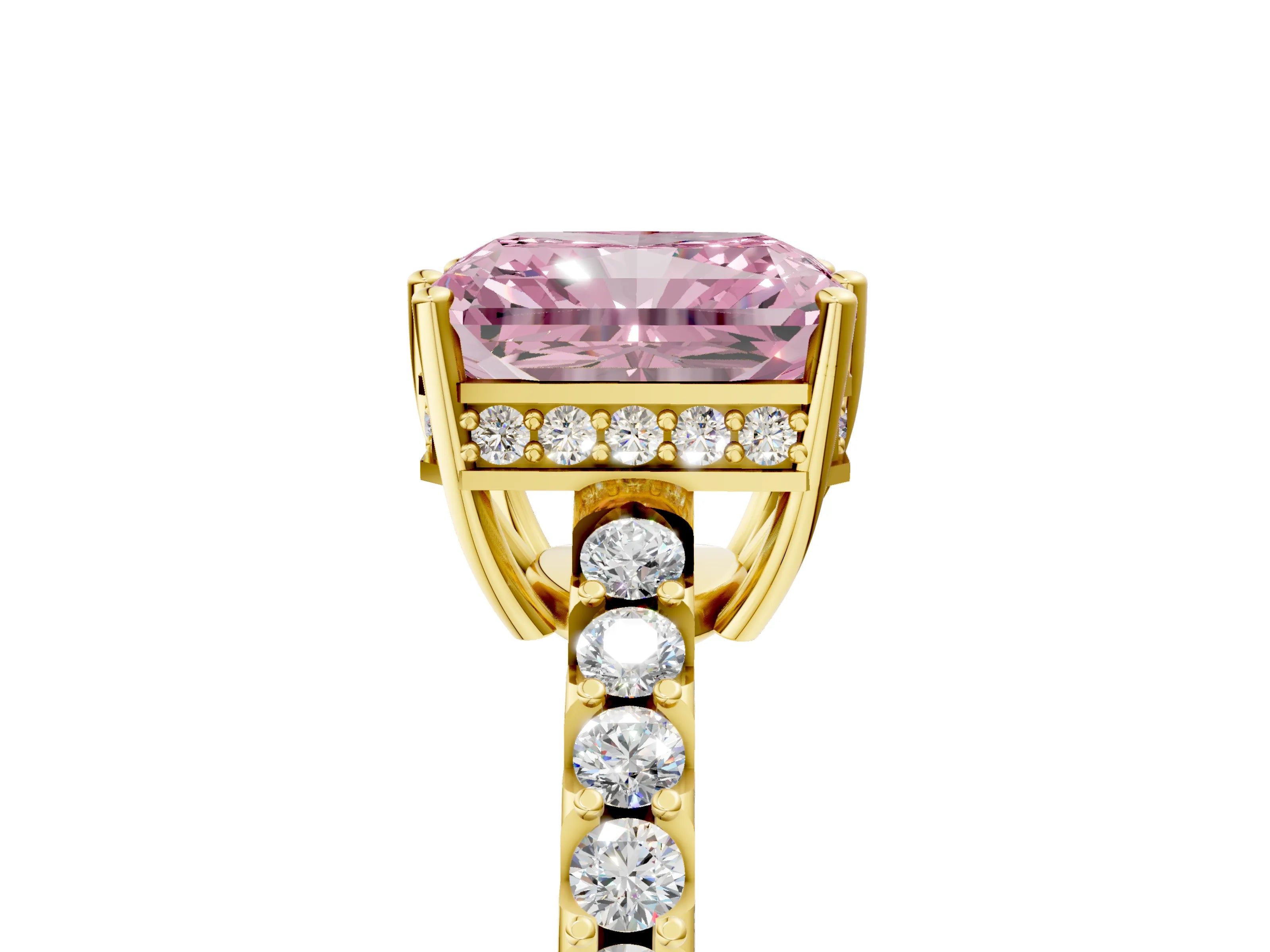 Yellow gold Fancy Pink Radiant Cut Solitaire Diamond Engagement Ring with Pavé Band and Six-Prong Setting_17