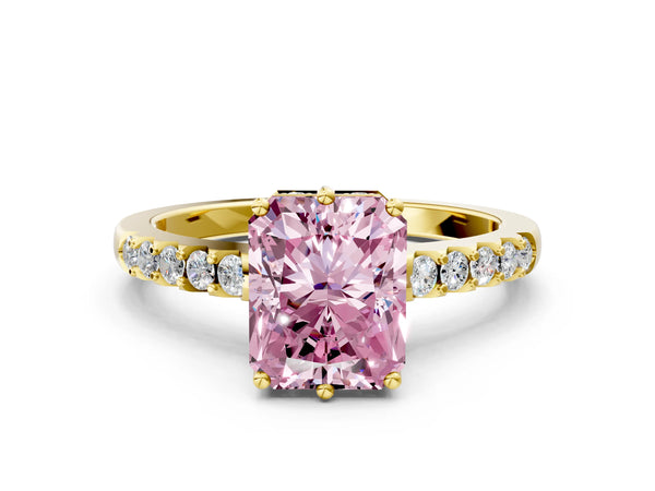 Yellow gold Fancy Pink Radiant Cut Solitaire Diamond Engagement Ring with Pavé Band and Six-Prong Setting