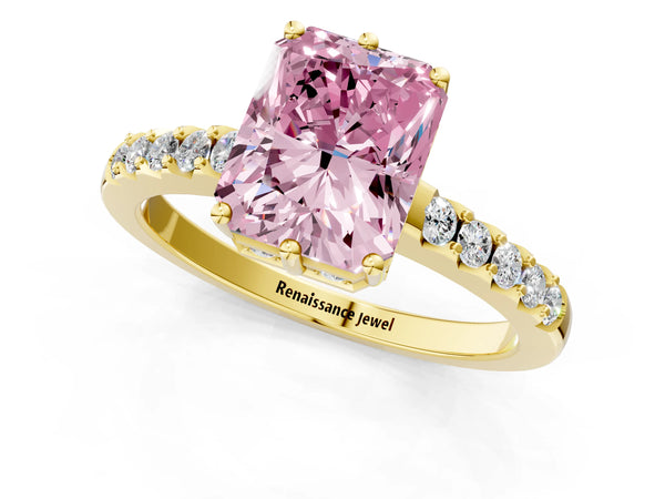 Yellow gold Fancy Pink Radiant Cut Solitaire Diamond Engagement Ring with Pavé Band and Six-Prong Setting