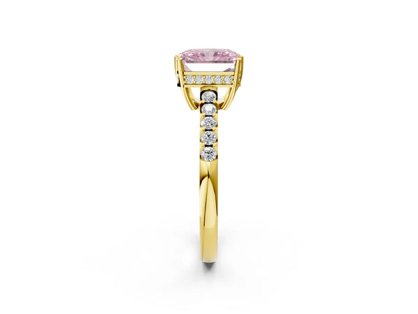 Yellow gold Fancy Pink Radiant Cut Solitaire Diamond Engagement Ring with Pavé Band and Six-Prong Setting