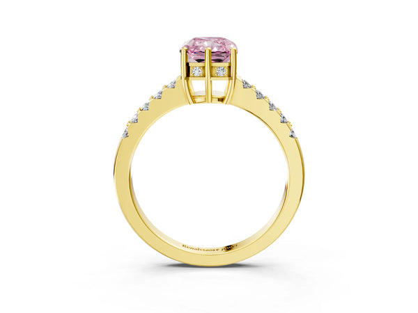 Yellow gold Fancy Pink Radiant Cut Solitaire Diamond Engagement Ring with Pavé Band and Six-Prong Setting
