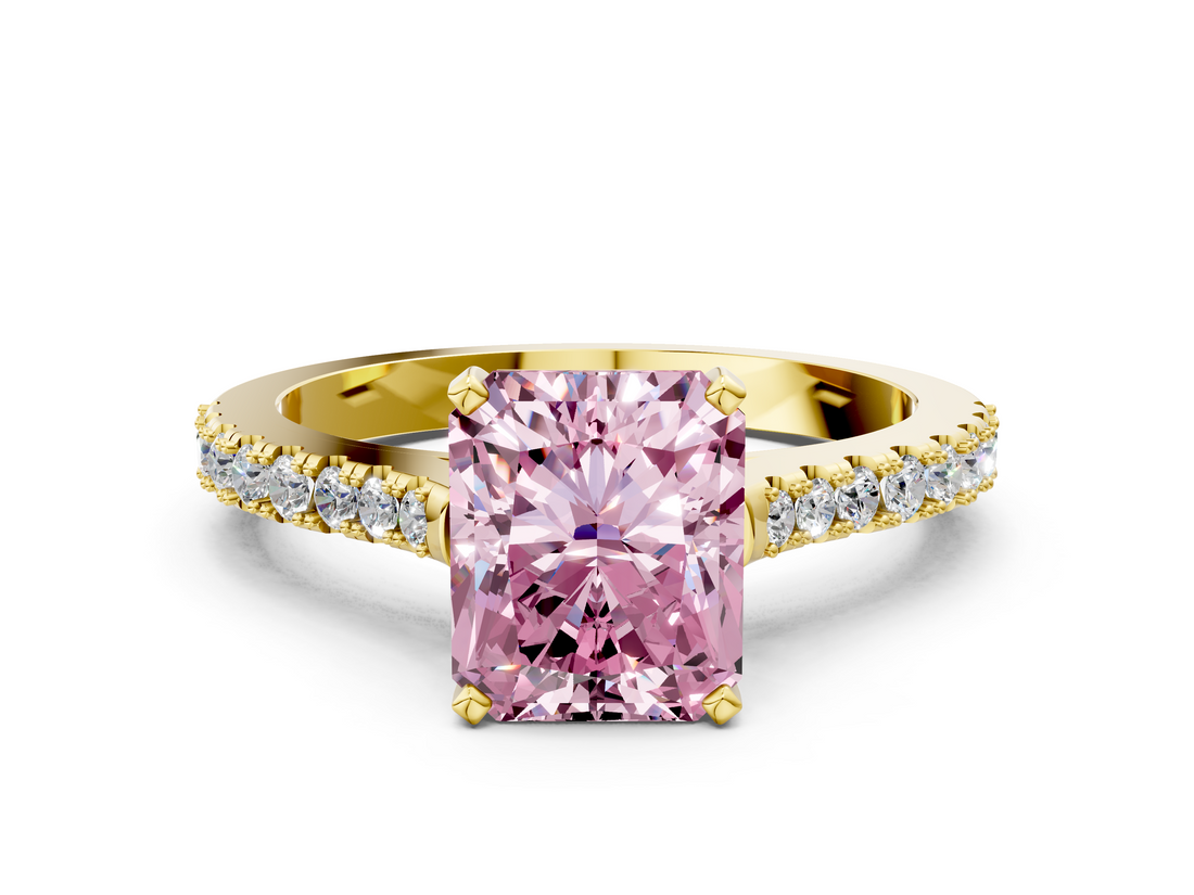 Yellow gold Fancy Pink Radiant  Cut Solitaire Diamond Engagement Ring with Pave Band and Four-Prong Setting_164