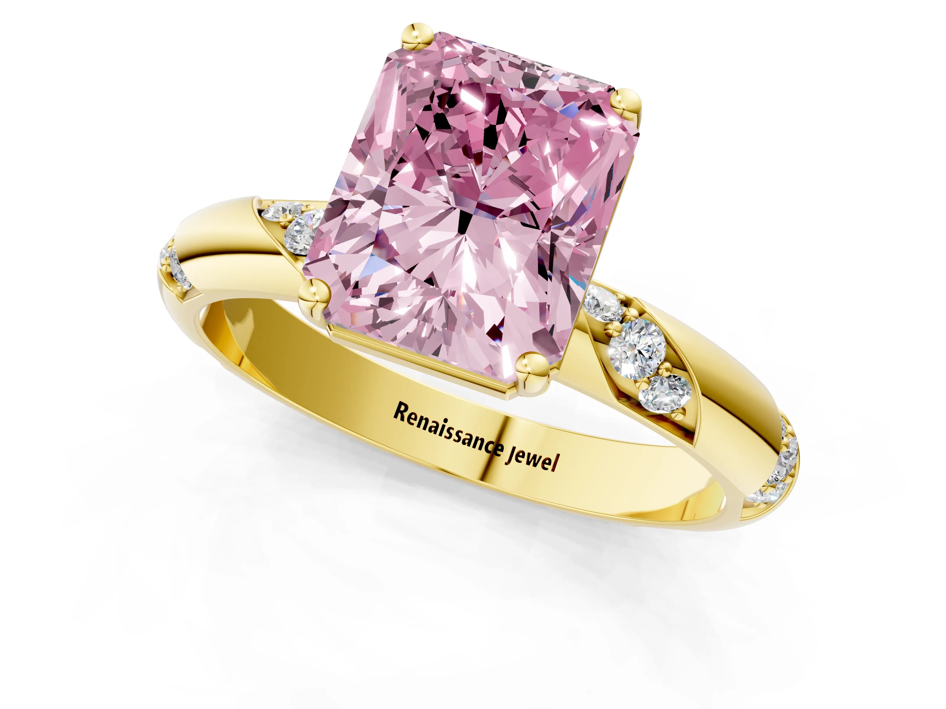 Yellow gold Fancy Pink Radiant Cut Solitaire Diamond Engagement Ring with Twisted Pave Band and Four-Prong Setting_4