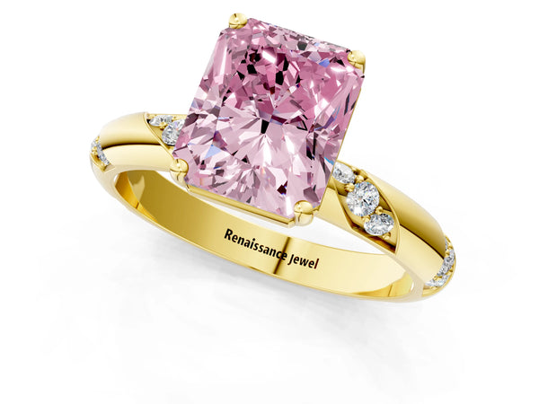 Yellow gold Fancy Pink Radiant Cut Solitaire Diamond Engagement Ring with Twisted Pave Band and Four-Prong Setting