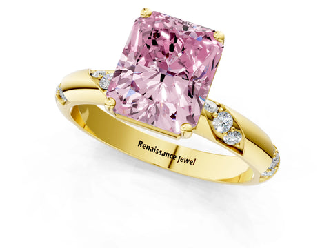 Yellow gold Fancy Pink Radiant Cut Solitaire Diamond Engagement Ring with Twisted Pave Band and Four-Prong Setting_4