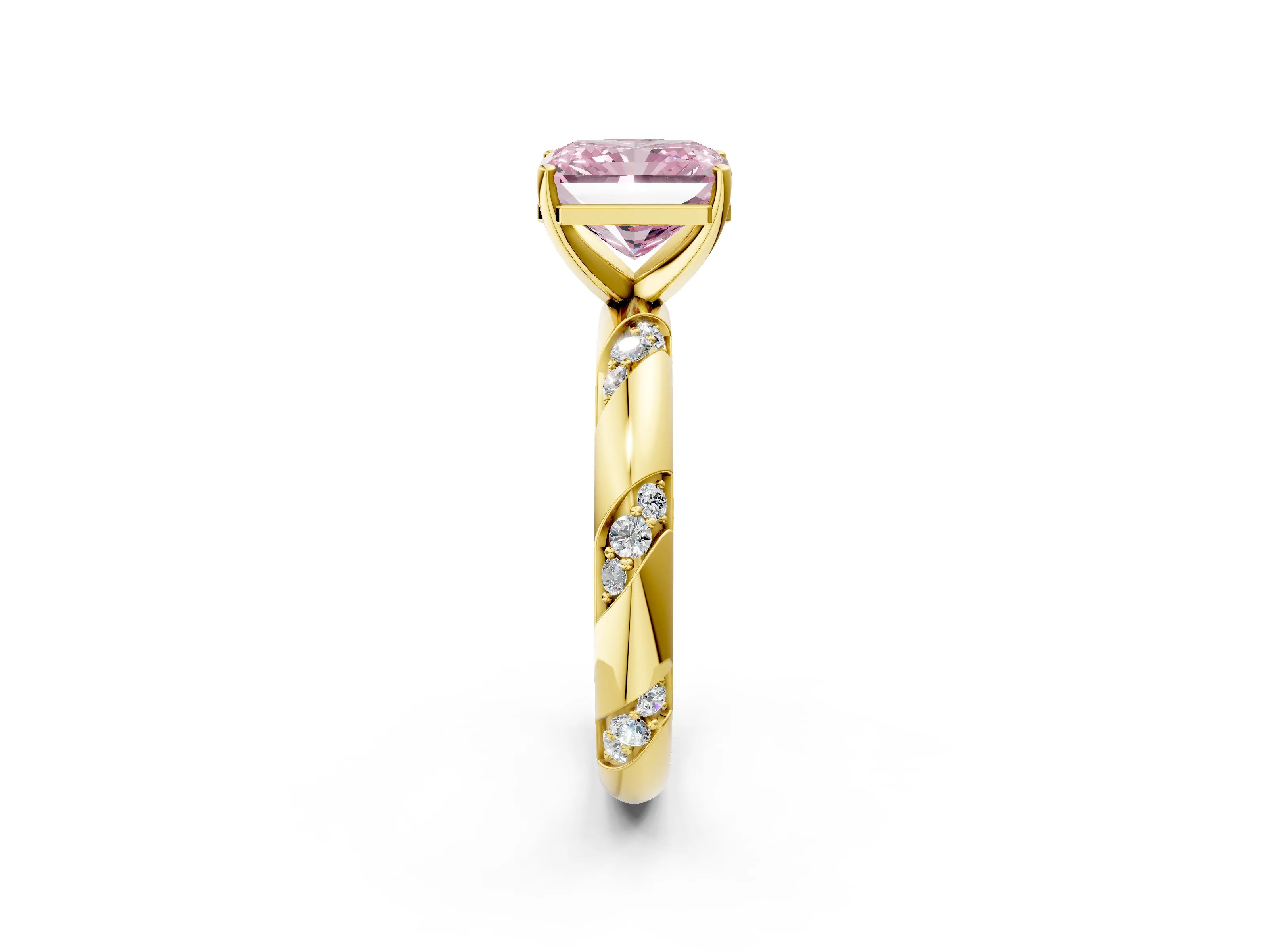 Yellow gold Fancy Pink Radiant Cut Solitaire Diamond Engagement Ring with Twisted Pave Band and Four-Prong Setting_5