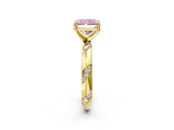 Yellow gold Fancy Pink Radiant Cut Solitaire Diamond Engagement Ring with Twisted Pave Band and Four-Prong Setting