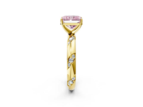 Yellow gold Fancy Pink Radiant Cut Solitaire Diamond Engagement Ring with Twisted Pave Band and Four-Prong Setting_5