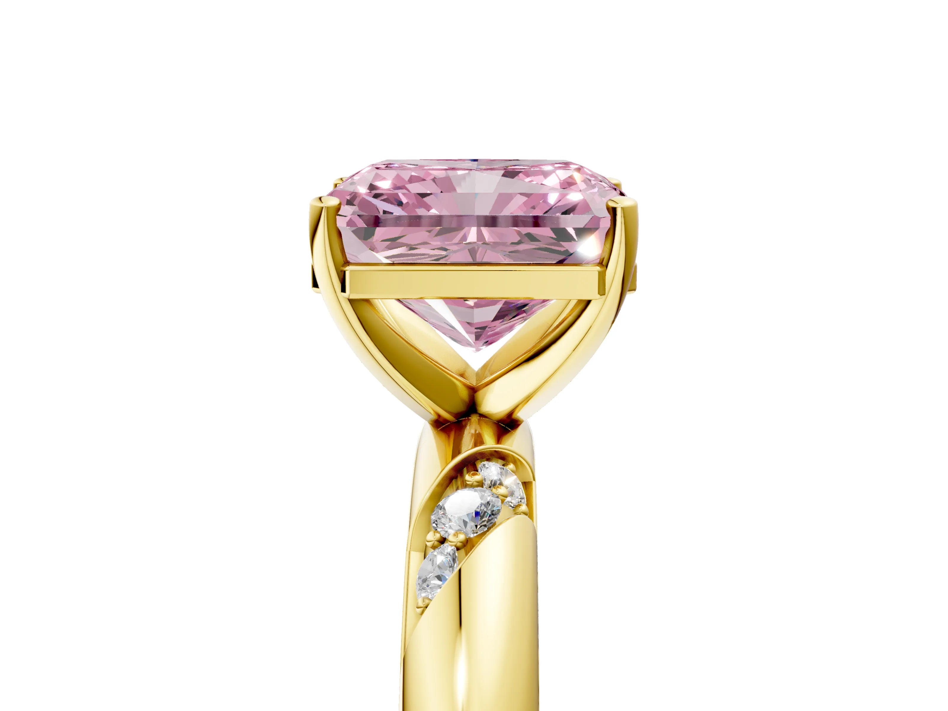 Yellow gold Fancy Pink Radiant Cut Solitaire Diamond Engagement Ring with Twisted Pave Band and Four-Prong Setting_8