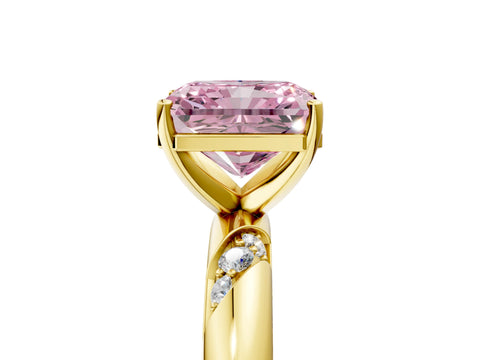 Yellow gold Fancy Pink Radiant Cut Solitaire Diamond Engagement Ring with Twisted Pave Band and Four-Prong Setting_8