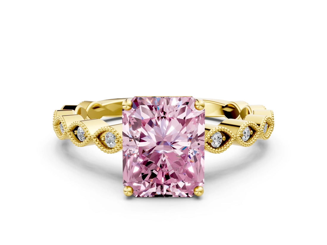 Yellow gold Fancy Pink Radiant Cut Solitaire Diamond Ring with Infinity Twist Band and Four-Prong Setting
