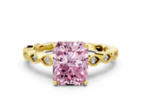 Yellow gold Fancy Pink Radiant Cut Solitaire Diamond Ring with Infinity Twist Band and Four-Prong Setting