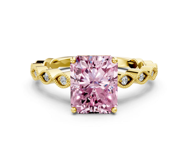 Yellow gold Fancy Pink Radiant Cut Solitaire Diamond Ring with Infinity Twist Band and Four-Prong Setting