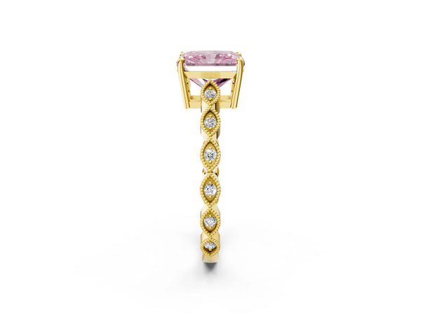 Yellow gold Fancy Pink Radiant Cut Solitaire Diamond Ring with Infinity Twist Band and Four-Prong Setting