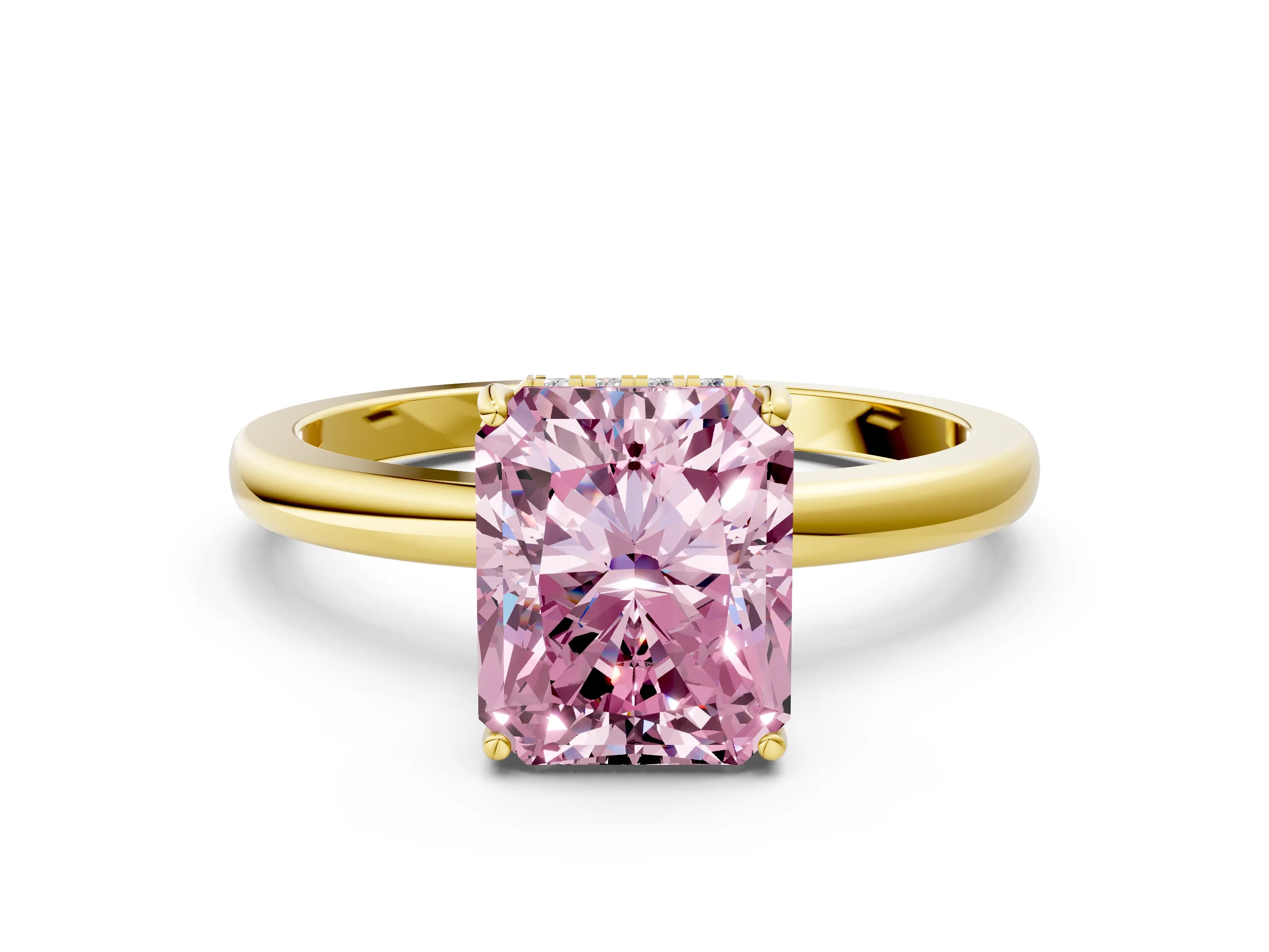 Yellow gold Fancy Pink Radiant Cut Solitaire Diamond Ring with Prong Setting and Plain Band