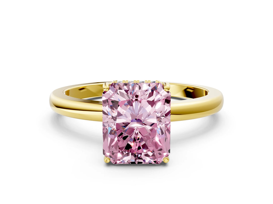 Yellow gold Fancy Pink Radiant Cut Solitaire Diamond Ring with Prong Setting and Plain Band