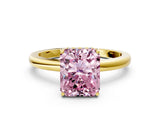 Yellow gold Fancy Pink Radiant Cut Solitaire Diamond Ring with Prong Setting and Plain Band