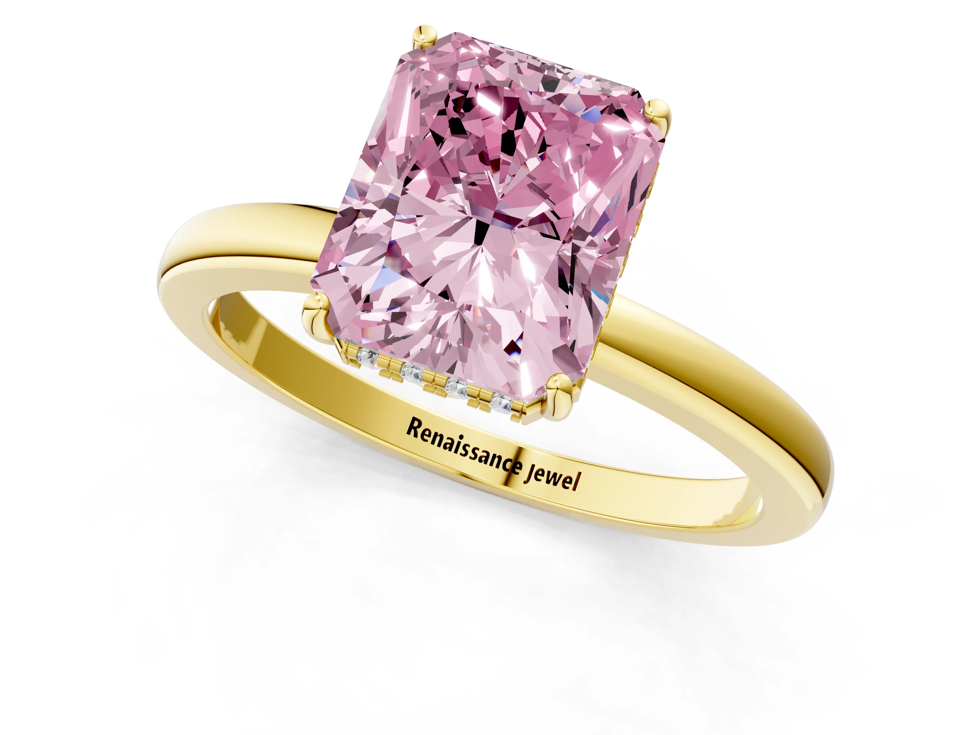 Yellow gold Fancy Pink Radiant Cut Solitaire Diamond Ring with Prong Setting and Plain Band_1