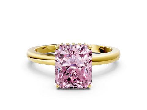 Yellow gold Fancy Pink Radiant Cut Solitaire Diamond Ring with Prong Setting and Plain Band
