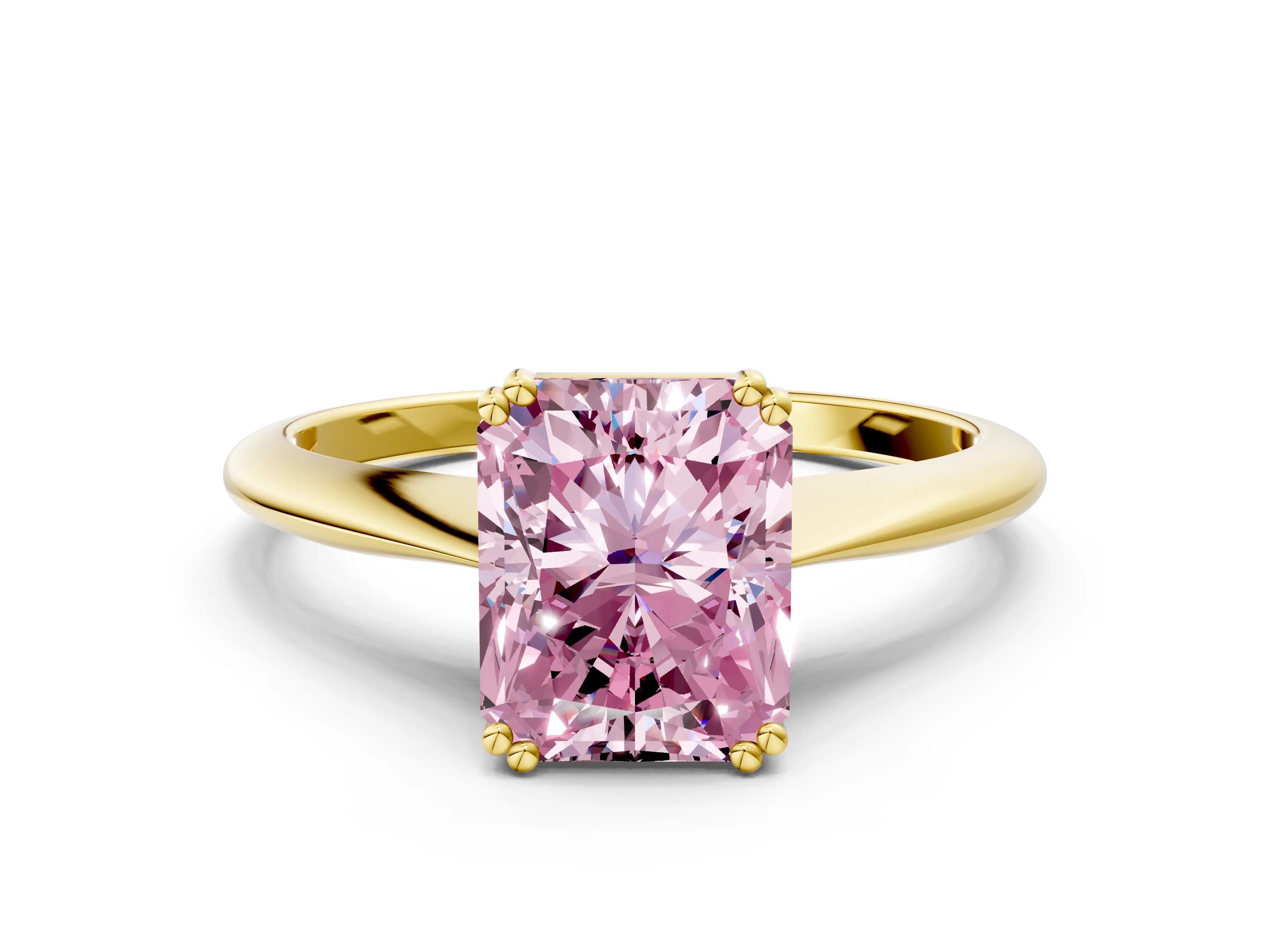 Yellow gold Fancy Pink Radiant Cut Solitaire Diamond Ring with Six-Prong Setting and Classic Band