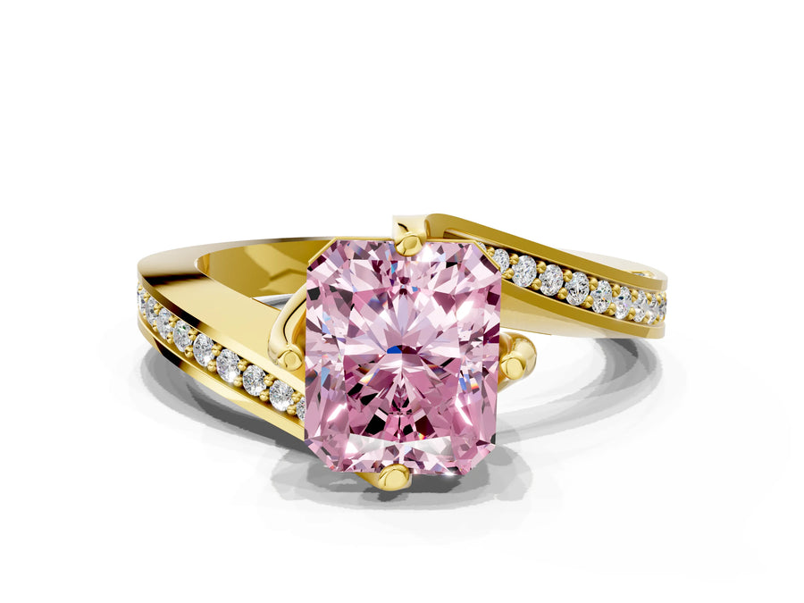 Yellow gold Fancy Pink Radiant Cut Solitaire Diamond Twist Band with Pavé Setting and Four-Prong Setting