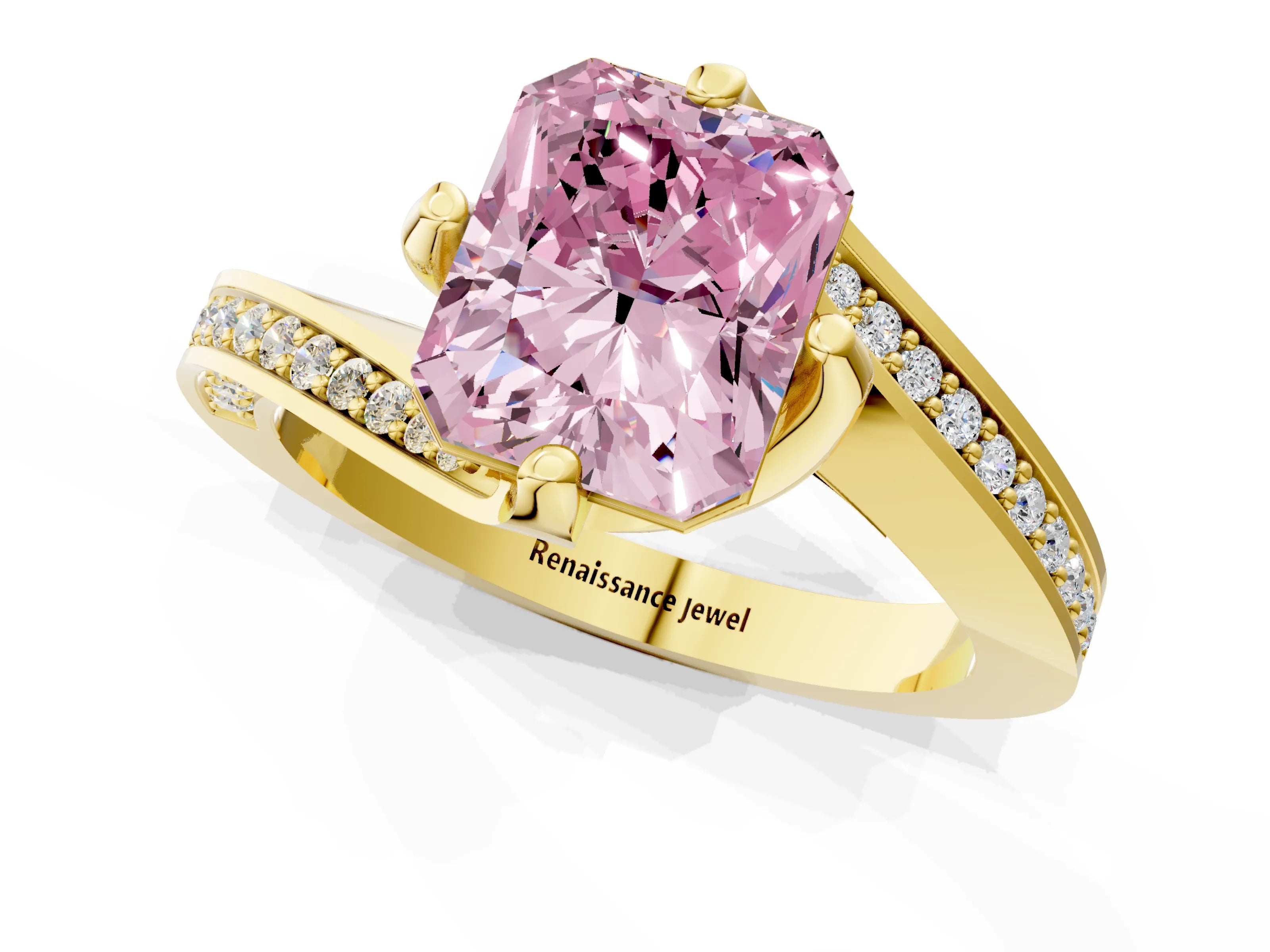 Yellow gold Fancy Pink Radiant Cut Solitaire Diamond Twist Band with Pavé Setting and Four-Prong Setting_1