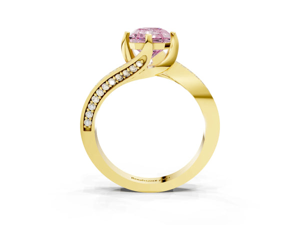 Yellow gold Fancy Pink Radiant Cut Solitaire Diamond Twist Band with Pavé Setting and Four-Prong Setting