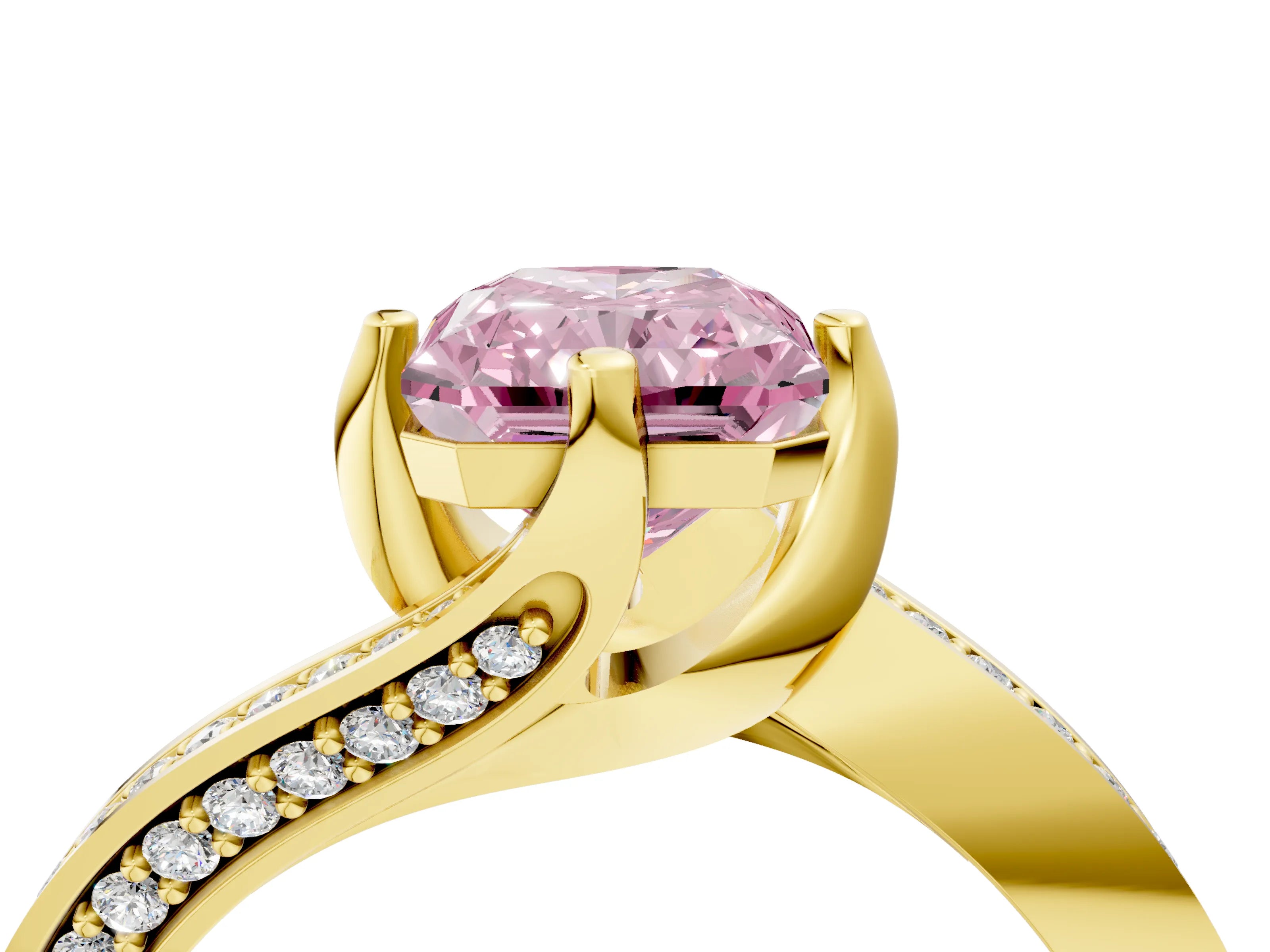 Yellow gold Fancy Pink Radiant Cut Solitaire Diamond Twist Band with Pavé Setting and Four-Prong Setting_4