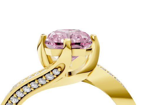 Yellow gold Fancy Pink Radiant Cut Solitaire Diamond Twist Band with Pavé Setting and Four-Prong Setting_4