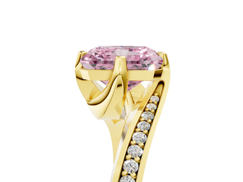 Yellow gold Fancy Pink Radiant Cut Solitaire Diamond Twist Band with Pavé Setting and Four-Prong Setting_5