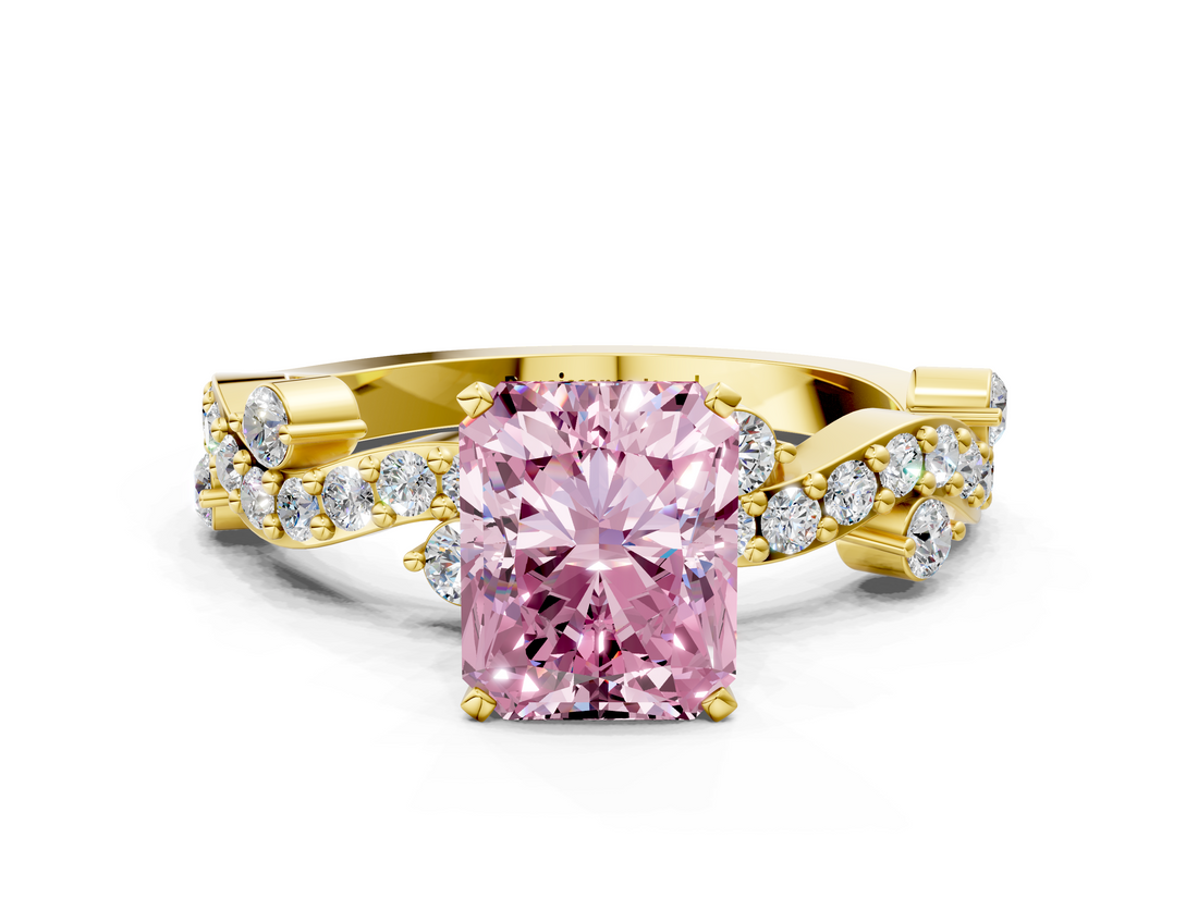 Yellow gold Fancy Pink Radiant  Cut Solitaire Diamond Twisted Band with Pave Setting_45