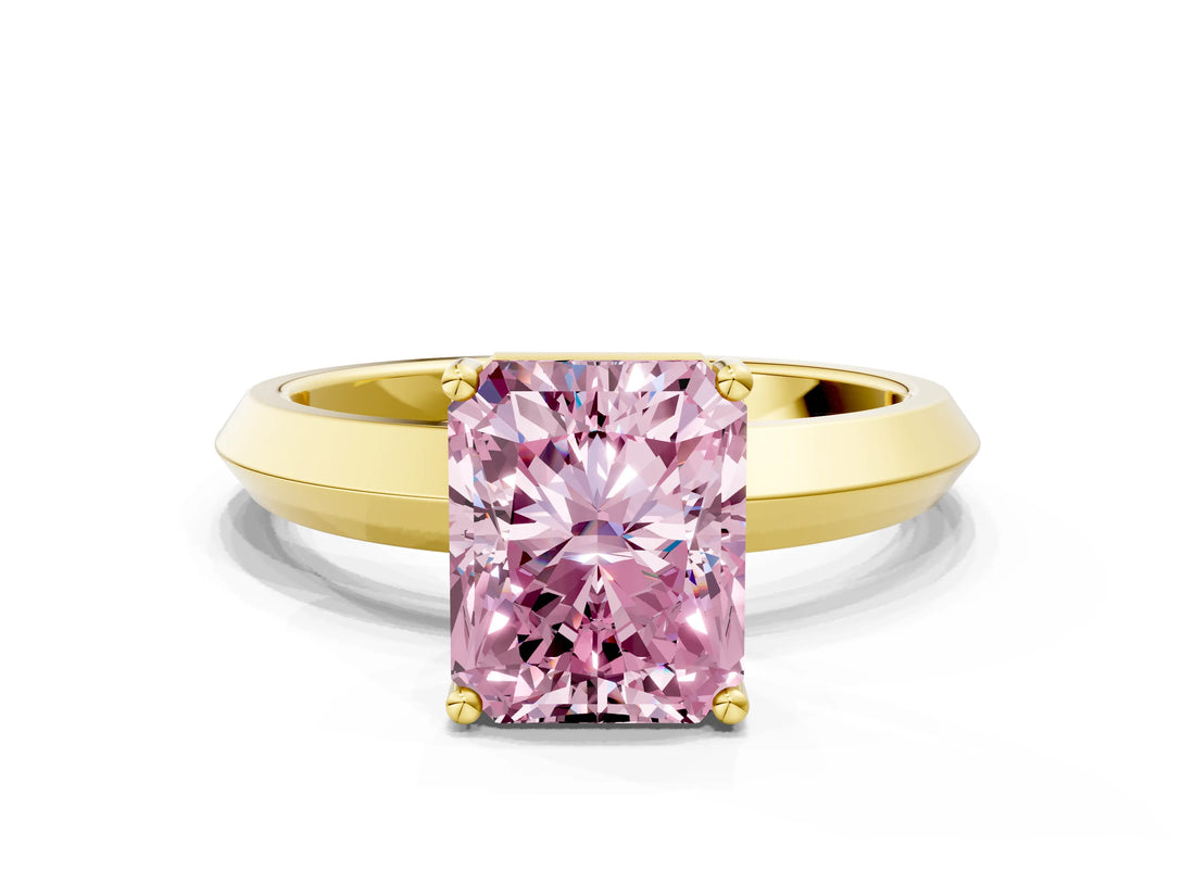 Yellow gold Fancy Pink Radiant  Cut Solitaire Engagement Ring with Flat Band and Four-Prong Setting 1
