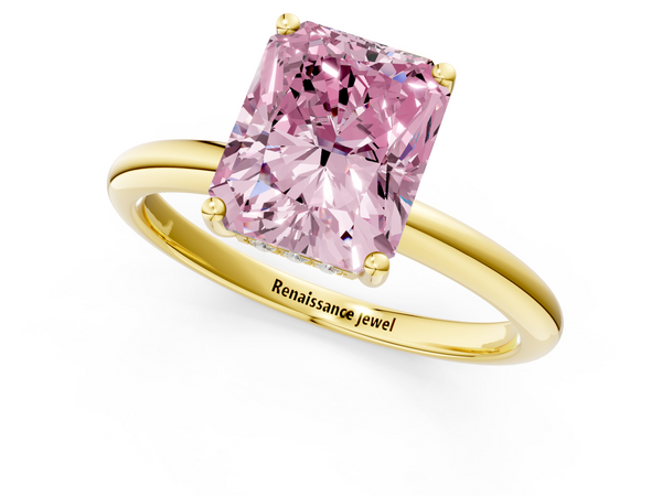 Yellow gold Fancy Pink Radiant  Cut Solitaire Engagement Ring with Four-Prong Setting and Classic Band