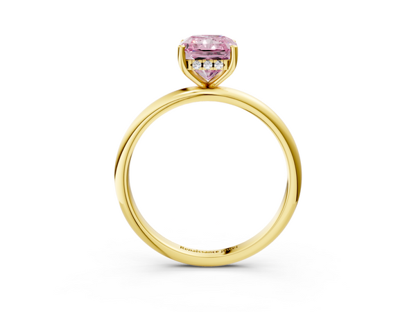 Yellow gold Fancy Pink Radiant  Cut Solitaire Engagement Ring with Four-Prong Setting and Classic Band