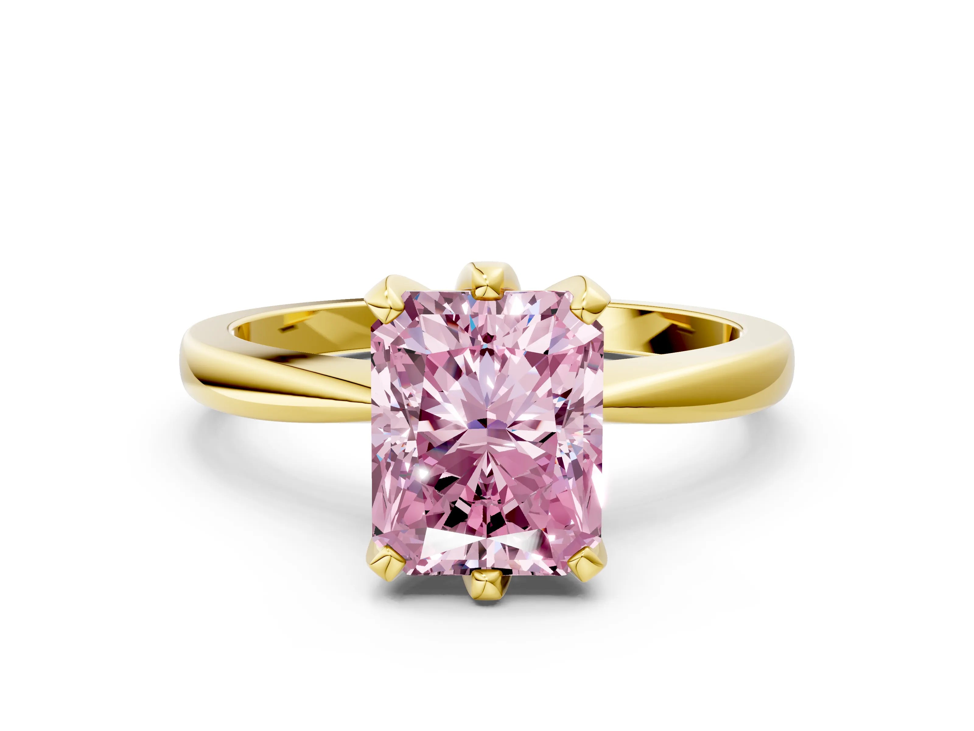 Yellow gold Fancy Pink Radiant Cut Solitaire Engagement Ring with Six-Prong Setting and Tapered Band