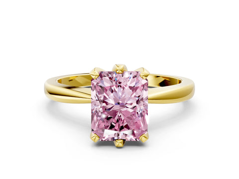 Yellow gold Fancy Pink Radiant Cut Solitaire Engagement Ring with Six-Prong Setting and Tapered Band